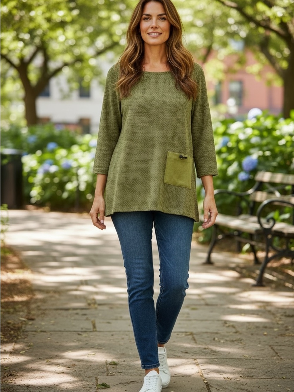 Ali Miles PM Green Textured Pocket Top w/ Toggle Accent Petite